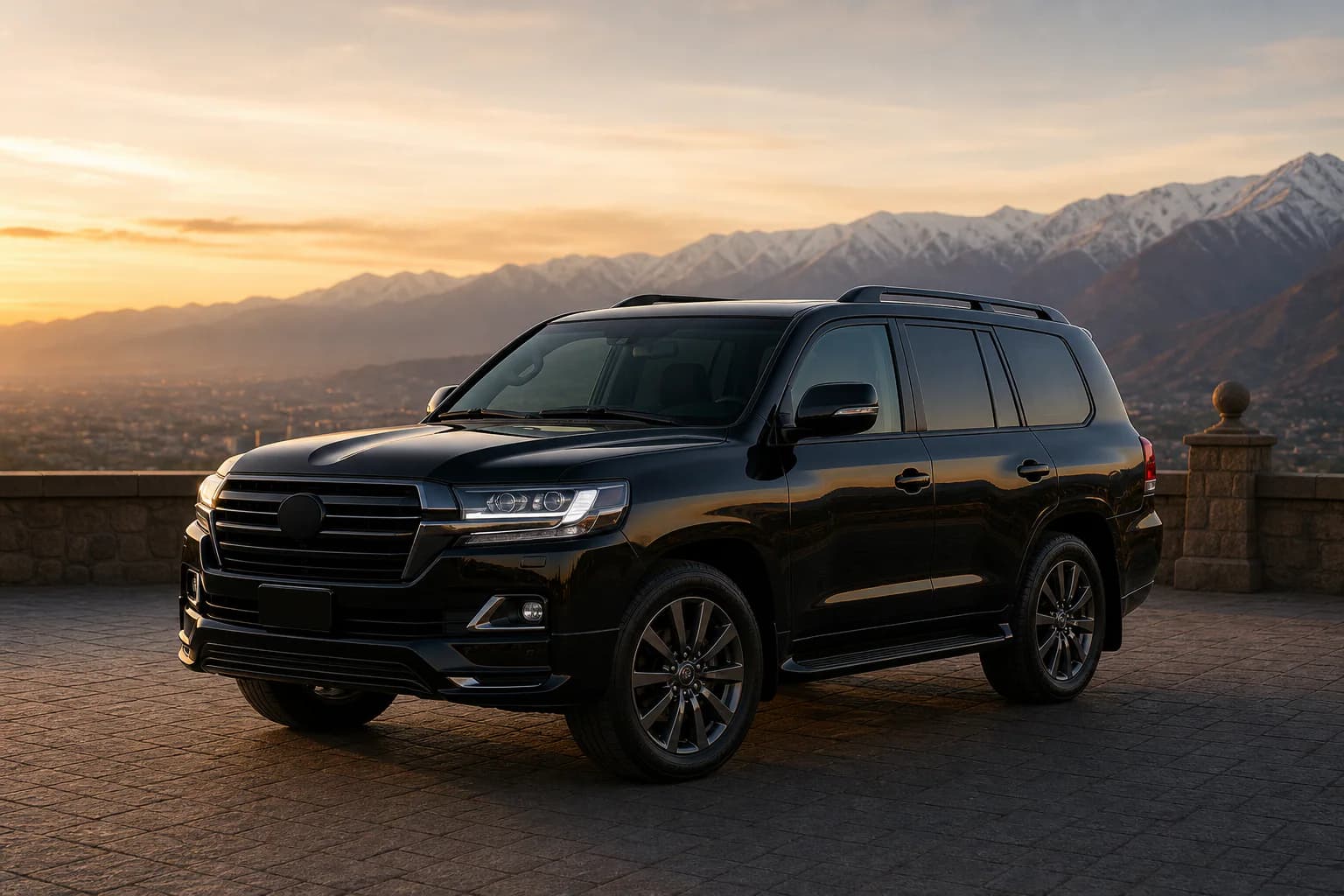 SUV ejecutiva negra BullMove en un mirador elegante frente a la Cordillera de los Andes