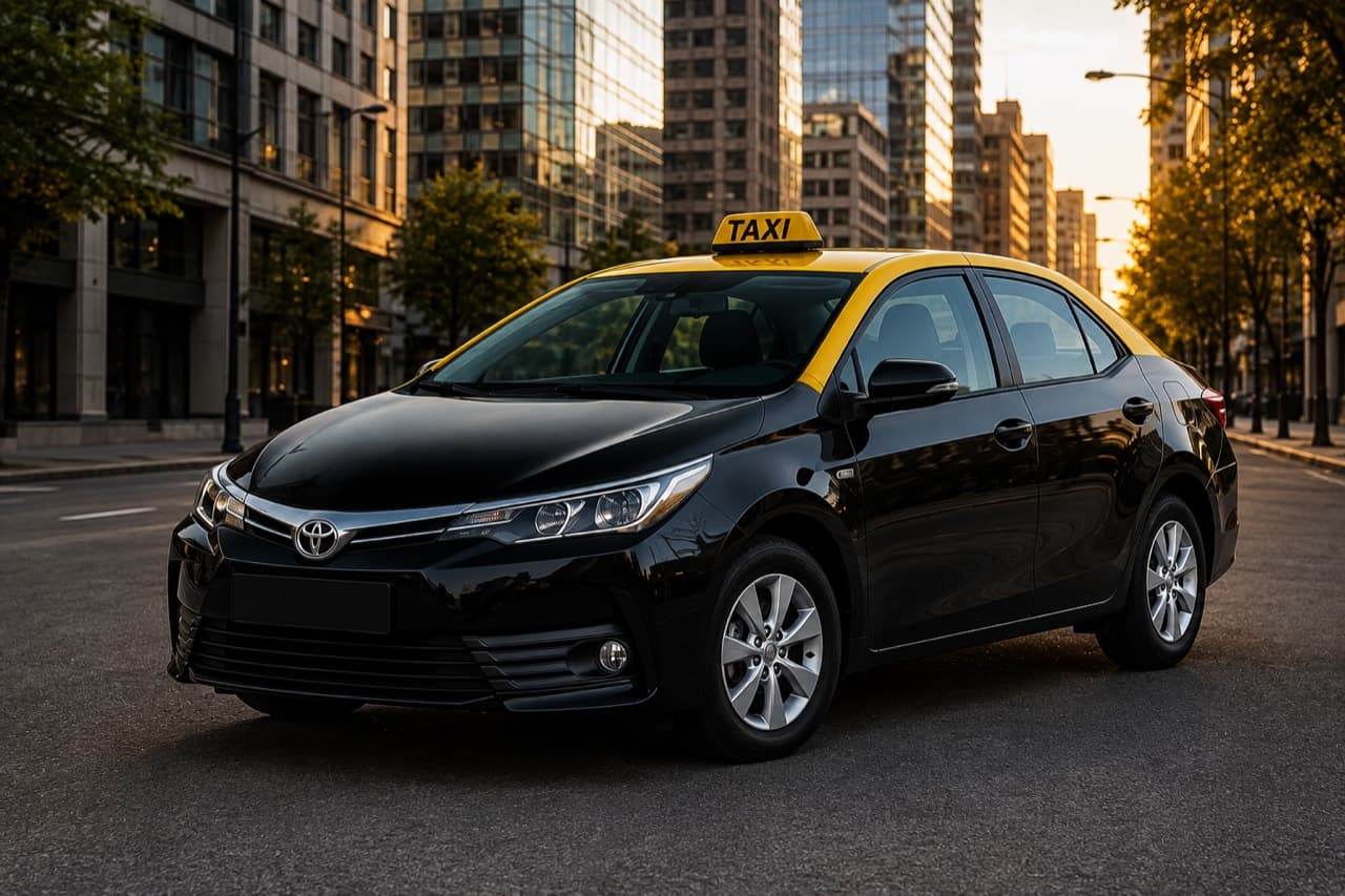 Toyota Corolla 2019 negro con pilares y techo amarillo utilizado como taxi profesional BullMove